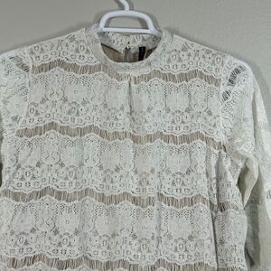 Luna Rae Blouse Womens L Ivory Lace High Neck Keyhole Back Sheer Lined Elegant